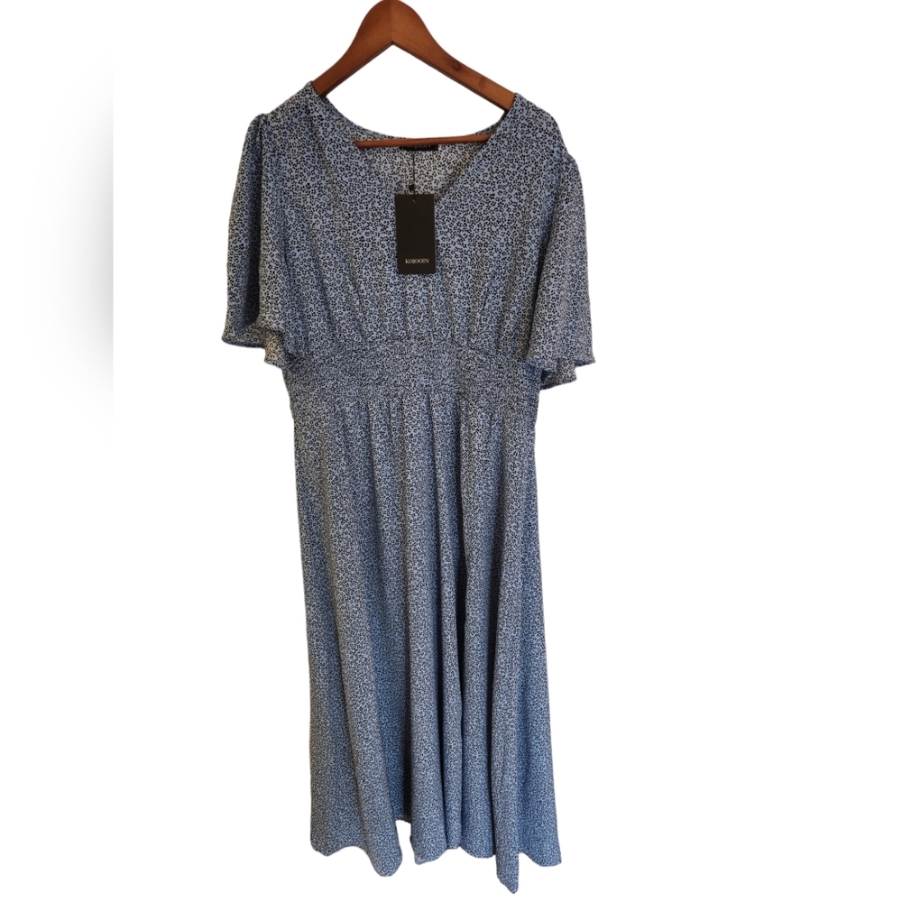 NWT Kojooin Women's Maxi Dress Smocked Waist Flutter Sleeves BlueFloral Size XL